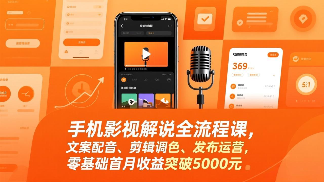 手机影视解说全流程课，文案配音、剪辑调色、发布运营，零基础首月收益突破5000元-副业心选