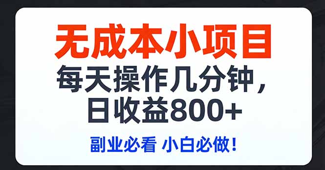无成本小项目,每天操作几分钟,日收益800+ 副业必看 小白必做！-副业心选