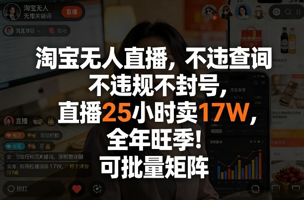 淘宝无人直播，不违规不封号，直播25小时卖17W，全年旺季！可批量矩阵【揭秘】-副业心选