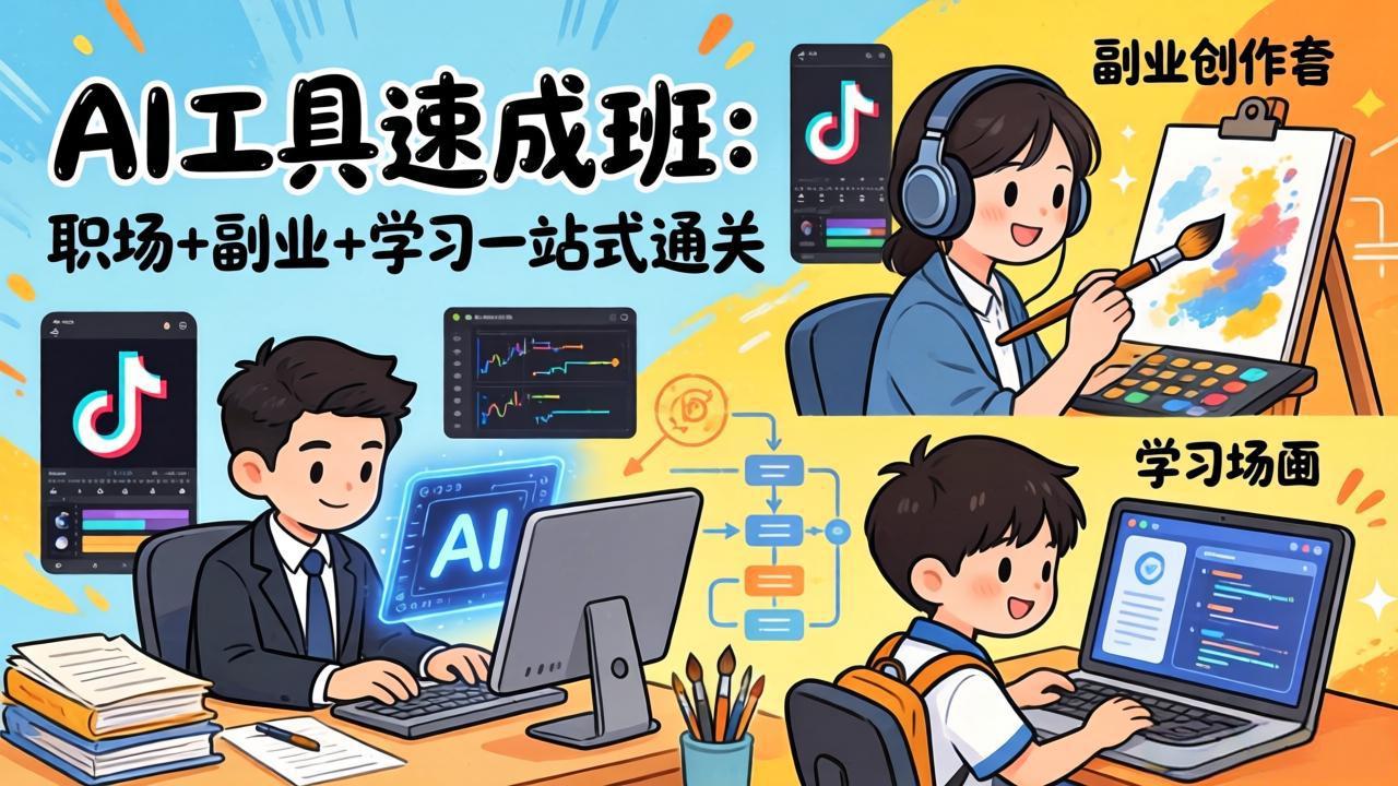AI工具速成班：职场+副业+学习一站式通关，20+爆款类型+剪映技巧+抖音算法，0基础快速上手-副业心选