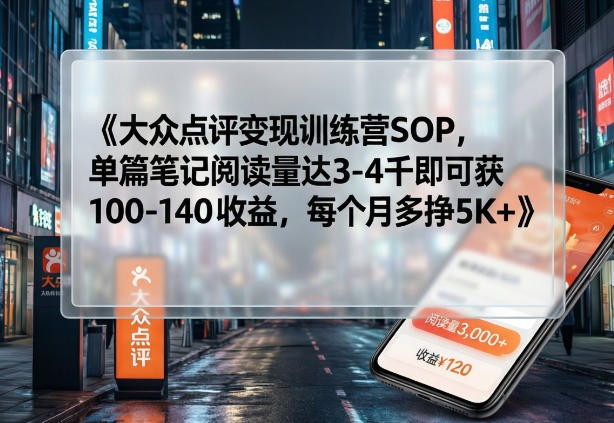 大众点评变现训练营SOP，单篇笔记阅读量达3-4千即可获100-140收益，每个月多挣5K+-副业心选