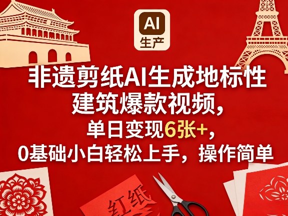 非遗剪纸AI生成地标性建筑爆款视频，单日变现6张+，0基础小白轻松上手，操作简单-副业心选