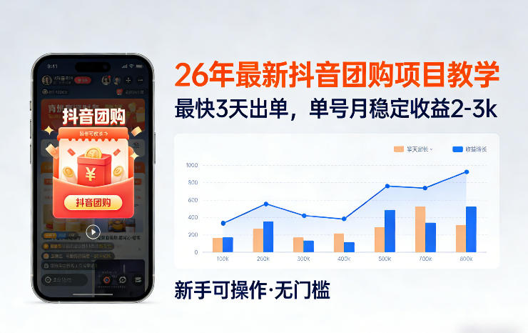 26年最新抖音团购项目教学，0门槛，最快3天出单，单号月稳定收益2-3k(更新3月19日)-副业心选