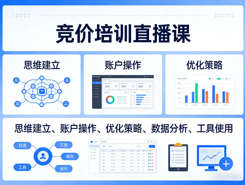 竞价培训直播课，覆盖思维建立、账户操作、优化策略、数据分析、工具使用等，全方位提升效果 - 副业心选-副业心选