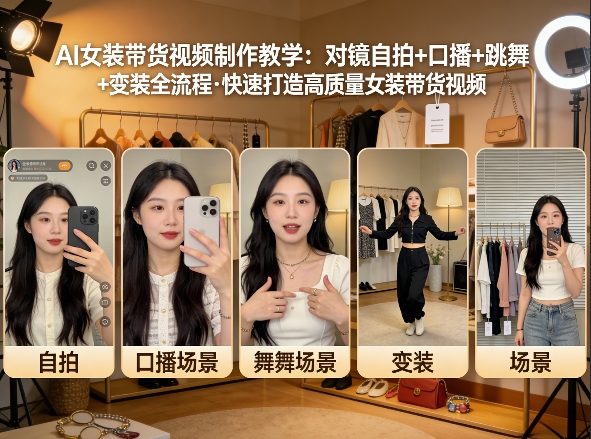 AI女装带货视频制作教学，对镜自拍、口播、跳舞、变装全流程，快速打造高质量女装带货视频-副业心选