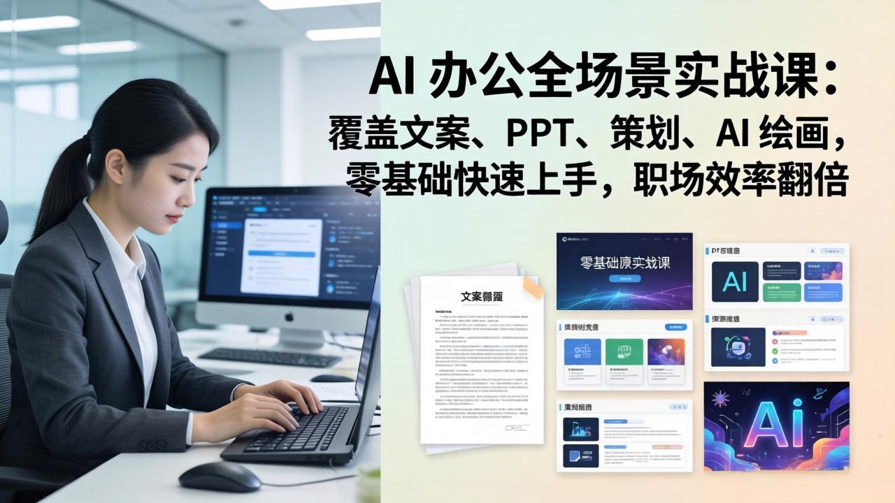 AI 办公全场景实战课：覆盖文案、PPT、策划、AI 绘画，零基础快速上手，职场效率翻倍-副业心选