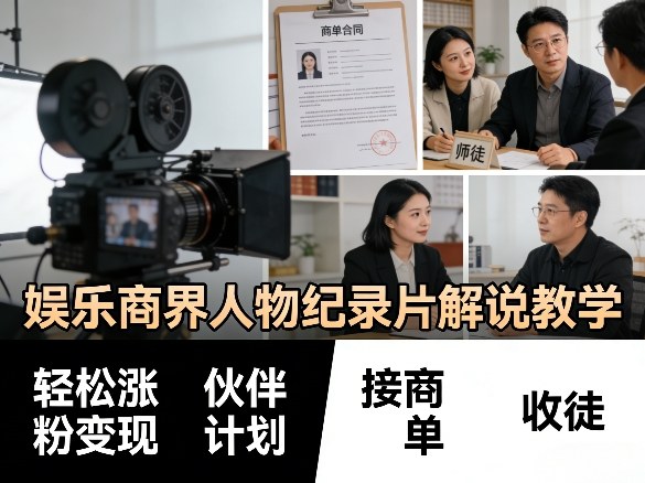 娱乐商界人物纪录片解说教学，轻松涨粉变现，伙伴计划，接商单，收徒等-副业心选