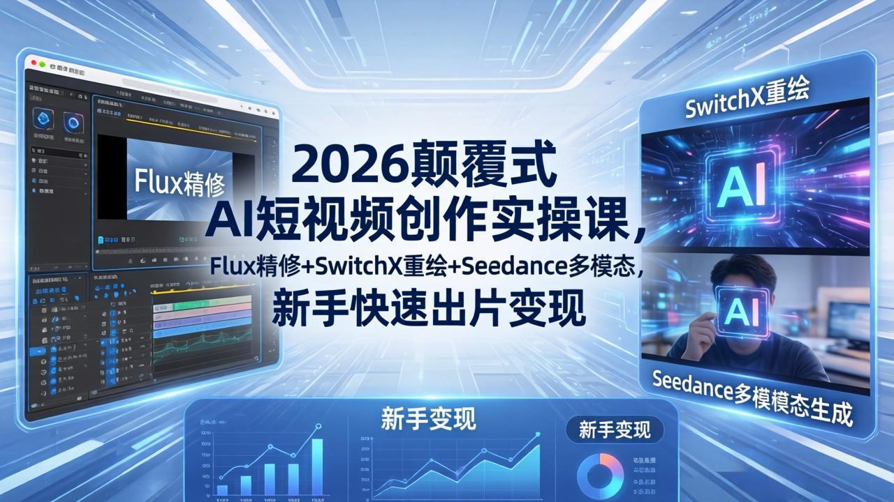 2026颠覆式 AI短视频创作课-5月更新，Flux精修+SwitchX重绘+Seedance多模态，新手快速出片变现-副业心选