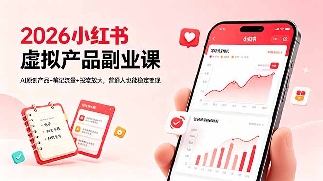 2026小红书虚拟产品副业课，AI原创产品+笔记流量+投流放大，普通人也能稳定变现-副业心选