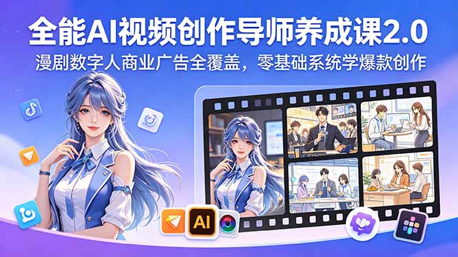 全能AI视频创作导师养成课2.0，漫剧数字人商业广告全覆盖，零基础系统学爆款创作-副业心选