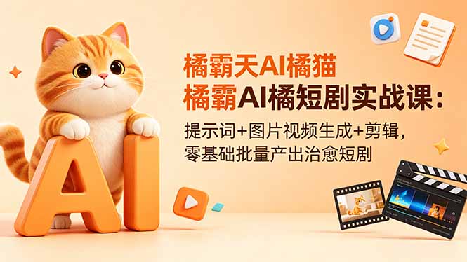 橘霸天AI橘猫短剧实战课：提示词+图片视频生成+剪辑，零基础批量产出治愈短剧-副业心选