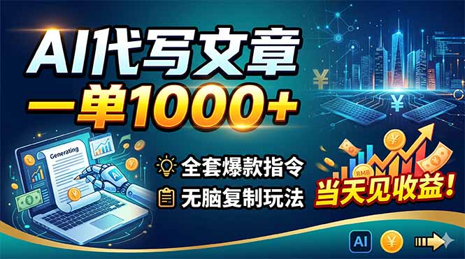 AI代写文章，一单1000+，全套爆款指令+无脑复制玩法，当天见收益！-副业心选
