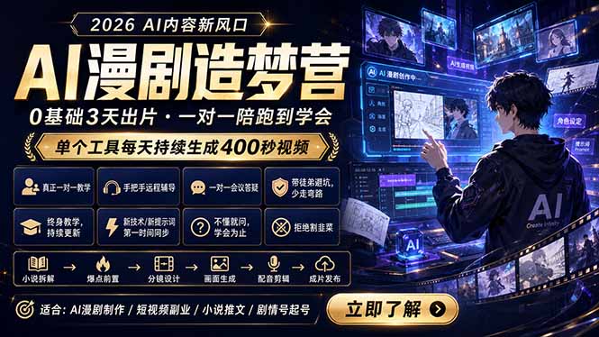 AI漫剧造梦营：0基础3天出片，单个工具每天持续生成400秒视频-副业心选