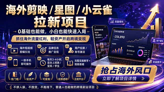 海外剪映 / 星图 / 小云雀拉新项目 普通人也能上手的跨境流量变现副业-副业心选