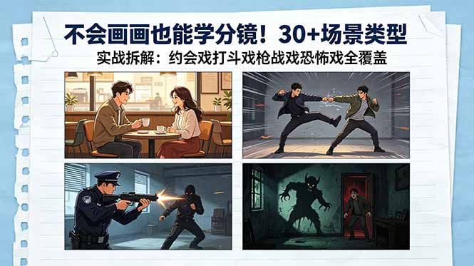 不会画画也能学分镜！30+场景类型实战拆解：约会戏打斗戏枪战戏恐怖戏全覆盖 - 副业心选-副业心选