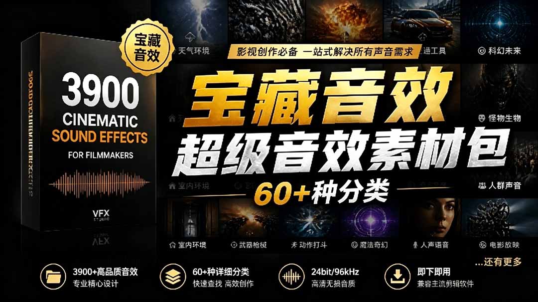 宝藏音效合集包！60+多种音效分类，共计3900个，分类清晰，全中文分类，高品质剪辑音效素材包-副业心选