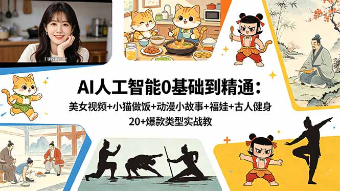 AI人工智能0基础到精通：美女视频+小猫做饭+动漫小故事+福娃+古人健身，20+爆款类型实战教学-副业心选