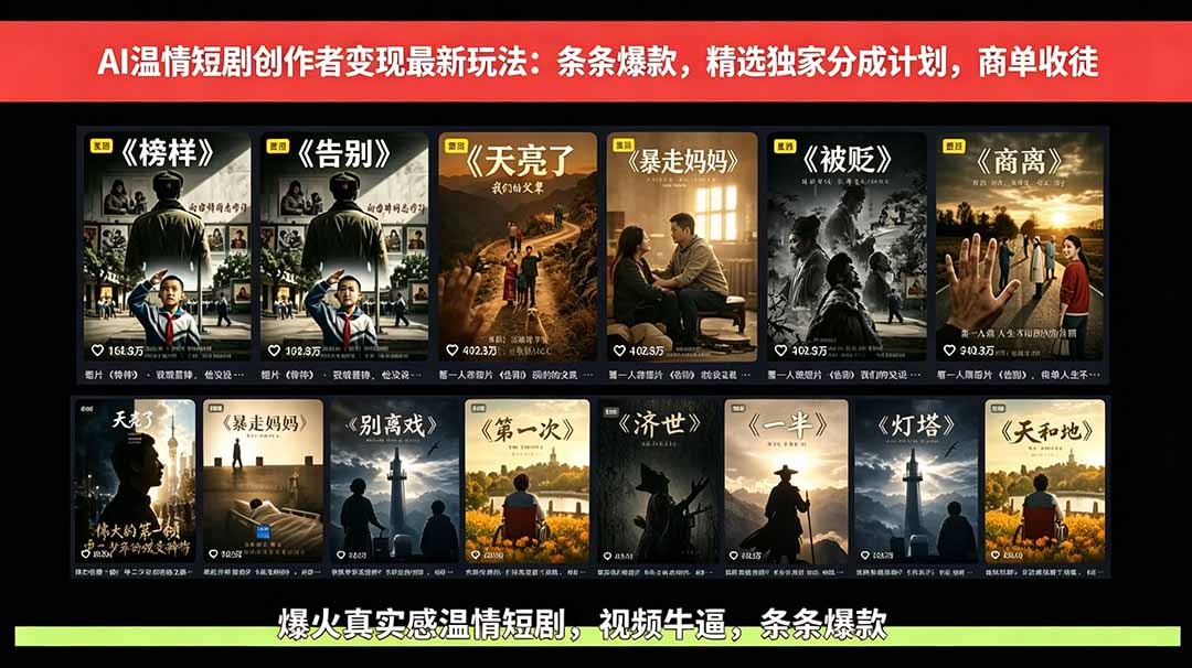 AI温情短剧创作者变现最新玩法：视频牛逼，条条爆款，精选独家分成计划，商单收徒-副业心选