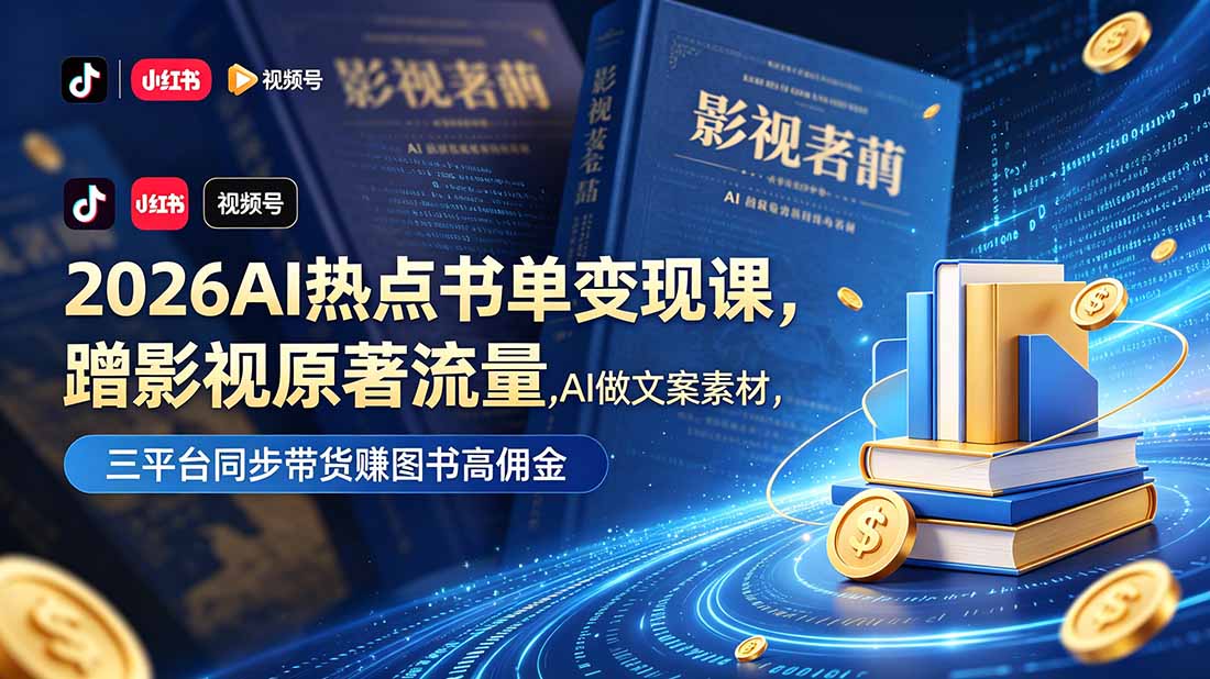 2026AI热点书单变现课，蹭影视原著流量，AI做文案素材，三平台同步带货赚图书高佣金-副业心选