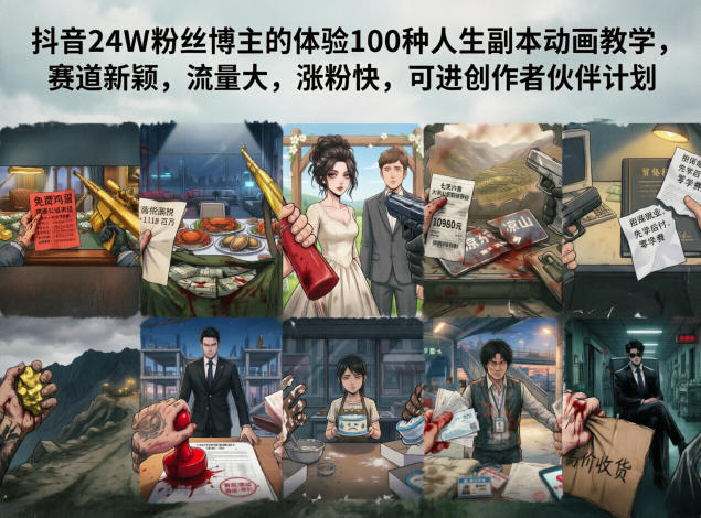 抖音24W粉丝博主的体验100种人生副本动画教学，赛道新颖，流量大，涨粉快，可进创作者伙伴计划-副业心选