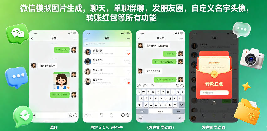 微信模拟图片生成，聊天，单聊群聊，发朋友圈，自定义名字头像，转账红包等所有功能都可以生成 - 副业心选-副业心选