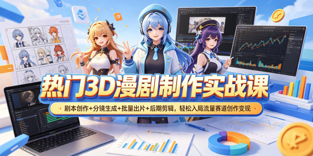 热门3D漫剧制作实战课，剧本创作+分镜生成+批量出片+后期剪辑，轻松入局流量赛道创作变现-副业心选