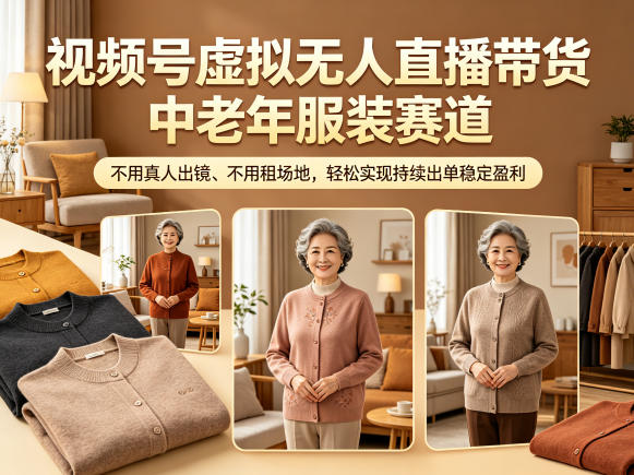 视频号虚拟无人直播带货中老年服装赛道，不用真人出镜、不用租场地，轻松实现持续出单稳定盈利-副业心选