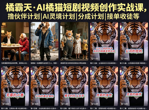 橘霸天·AI橘猫短剧视频创作实战课，撸伙伴计划|AI灵境计划|分成计划|接单收徒等 - 副业心选-副业心选