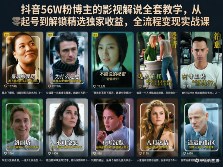 抖音56W粉博主的影视解说全套教学，从零起号到解锁精选独家收益，全流程变现实战课-副业心选