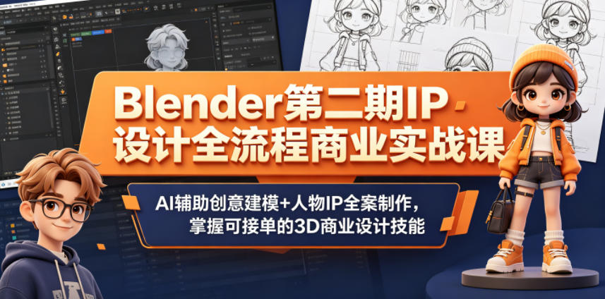 Blender第二期IP设计全流程商业实战课，AI辅助创意建模+人物IP全案制作，掌握可接单的3D商业设计技能-副业心选