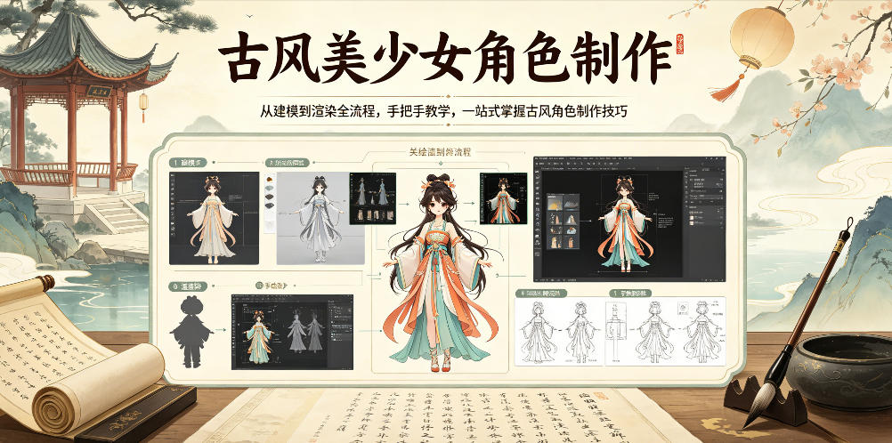 古风美少女角色制作，从建模到渲染全流程，手把手教学，一站式掌握古风角色制作技巧-副业心选