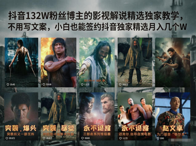 抖音132W粉丝博主的影视解说精选独家教学，不用写文案，小白也能签约抖音独家精选月入几个W-副业心选