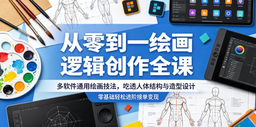 从零到一绘画逻辑创作全课，多软件通用绘画技法，吃透人体结构与造型设计，零基础轻松进阶接单变现-副业心选