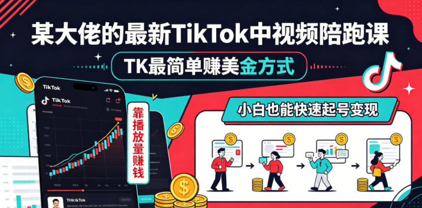 某大佬的最新TikTok中视频陪跑课，TK最简单賺美金方式，靠播放量賺钱，小白也能快速起号变现-副业心选
