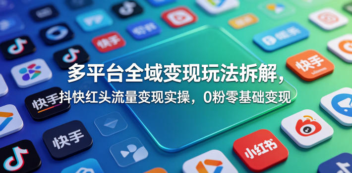 多平台全域变现玩法拆解，抖快红头流量变现实操，0粉零基础变现-副业心选