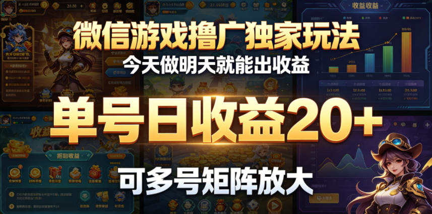 微信游戏撸广独家玩法，今天做明天就能出收益，单号日收益20+，可多号矩阵放大-副业心选