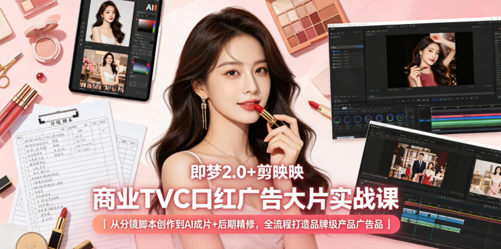 即梦2.0+剪映商业TVC口红广告大片实战课｜从分镜脚本创作到AI成片+后期精修，全流程打造品牌级产品广告-副业心选